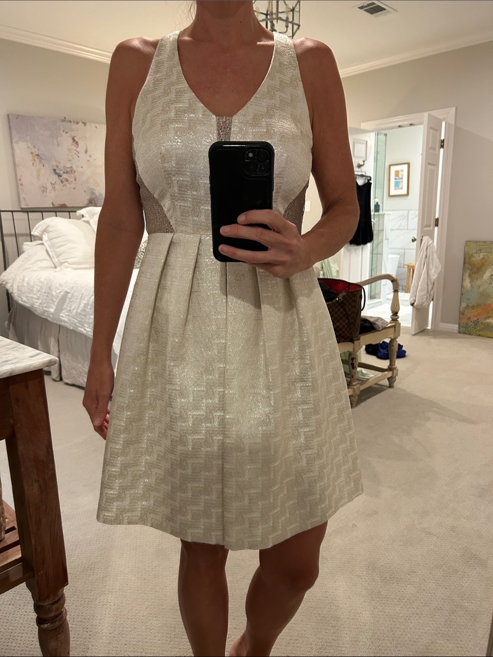 Phoebe Couture Cream Metallic Fit-and-Flare Dress